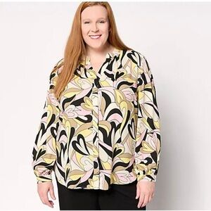 Belle Kim Gravel Abstract Heart Button Blouse Shirt Retro Mod V-Neck Sz 1X NWOT